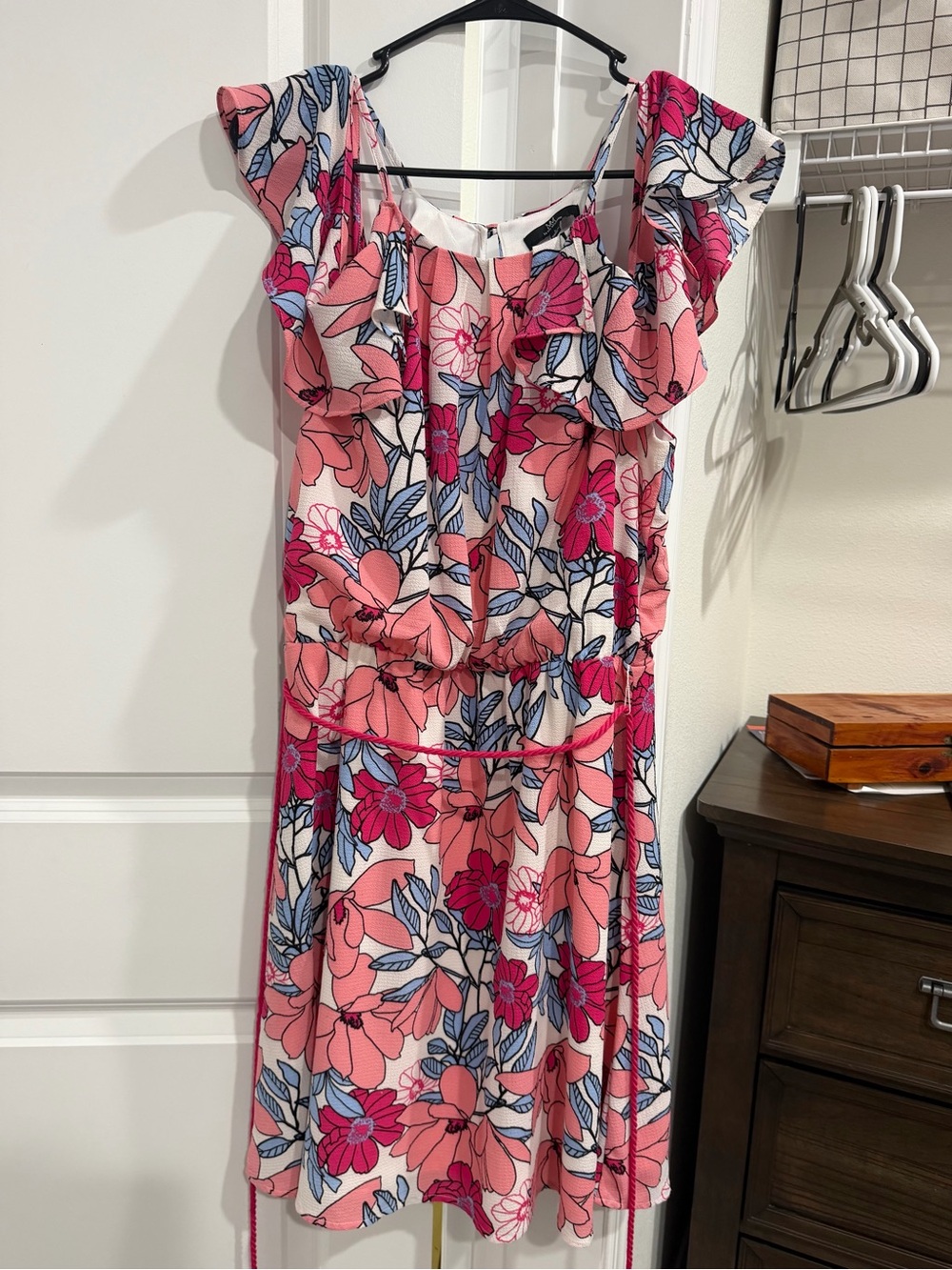 MM by My Michelle Pink/Blue/White Floral Off Shoulder Ruffle A-Line Dress, L